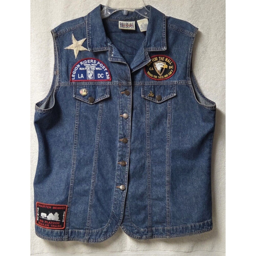 Bill Blass Blue Denim Motorcycle Vest XL W/ RFTW American Legion Patches Pins